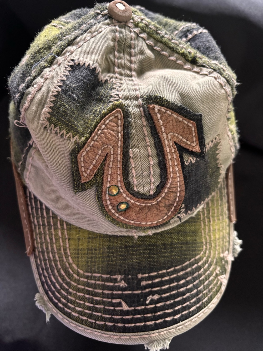 Vintage True Religion Men's Distressed Green Patchwork Jeans Hat - Brown Accent